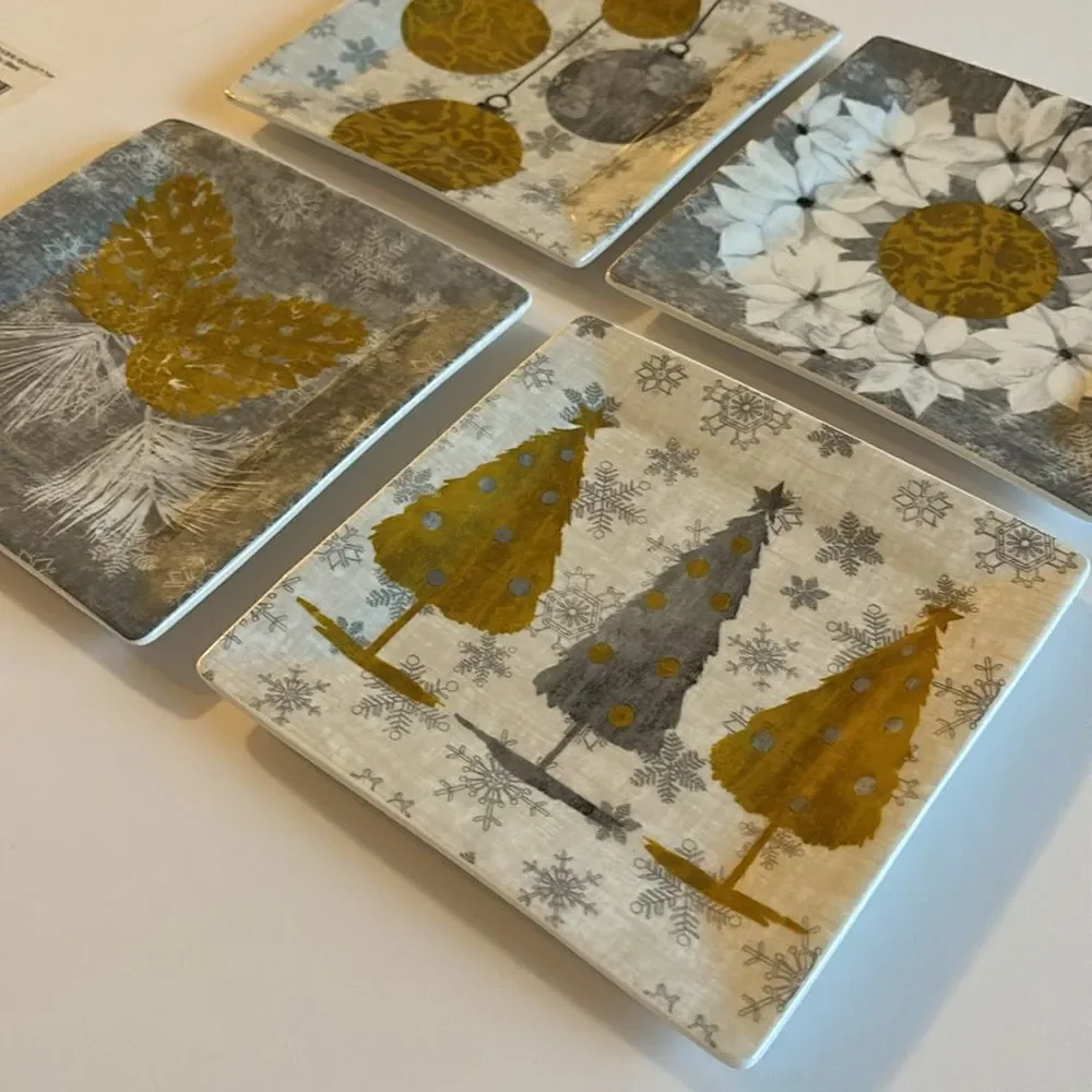 PPD Set of 4 Gold Gray Contemporary Appetizer Christmas Plates Bone China